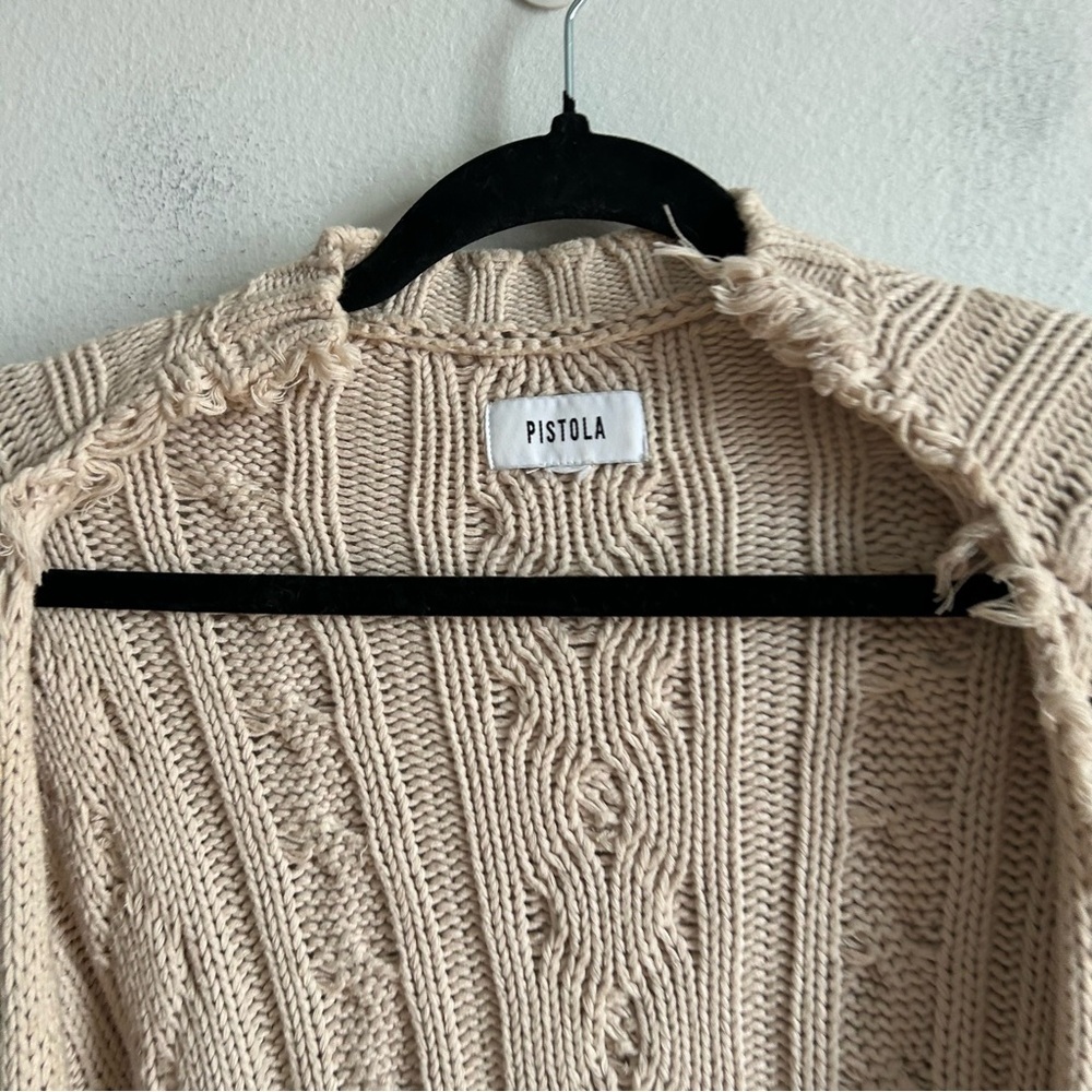 Pistola Sz L Cream Tan Cable Knit Distressed Cascade Cardigan Sweater - Picture 9 of 11